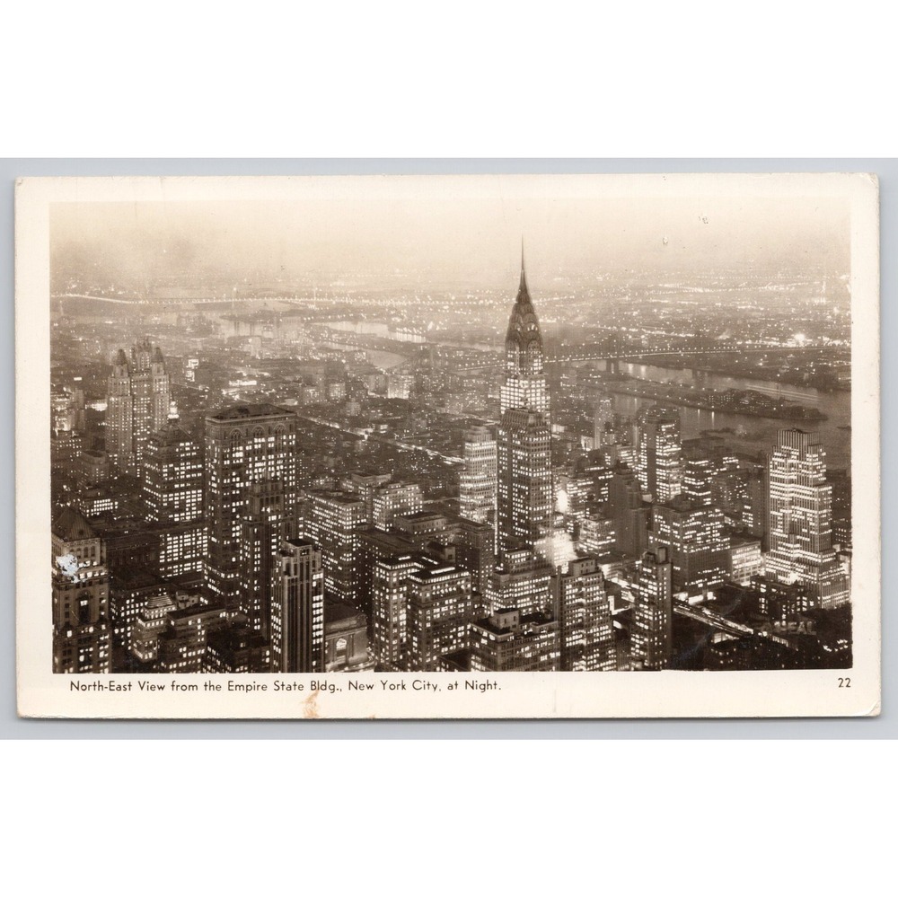 Vintage New York City Empire State Building Night View RPPC‎ Postcard